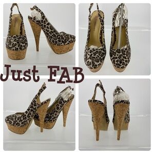 JustFab cheetah metallic cork sling back heels gold brown black buckle
